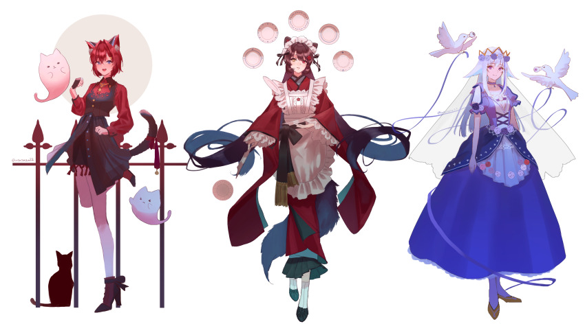 3girls absurdres alternate_costume ange_katrina animal_ear_fluff animal_ears apron bird black_gloves black_ribbon black_shoes black_skirt black_tail black_vest blue_dress blue_eyes blue_flower blue_hair blue_ribbon blue_rose blue_socks brown_hair brown_shoes brown_tail cat cat_ears cat_girl cat_tail closed_mouth collared_shirt commentary_request crossed_bangs crown dog_ears dog_girl dog_tail dress dress_flower eyeball fence fingerless_gloves floating floating_object flower foot_up frilled_apron frilled_sleeves frills ghost gloves group_picture hair_flower hair_intakes hair_ornament hair_ribbon heterochromia highres holding holding_eyeball holding_plate inui_toko iron_fence japanese_clothes kemonomimi_mode kimono layered_skirt lize_helesta long_bangs long_dress long_hair long_sidelocks long_sleeves looking_at_viewer maid maid_apron maid_headdress multicolored_hair multiple_girls nijisanji open_mouth pink_flower pink_rose plate red_eyes red_flower red_hair red_kimono red_ribbon red_rose red_shirt ribbon rose sanbaka_(nijisanji) shirt shoes short_hair short_sleeves sidelocks simple_background single_fingerless_glove skirt socks standing standing_on_one_leg streaked_hair tail tail_ornament tail_ribbon tail_under_clothes tassel twitter_username two-tone_hair usasuzu veil very_long_hair vest virtual_youtuber wa_maid white_apron white_background white_bird white_flower white_hair white_headdress white_rose white_socks yellow_eyes