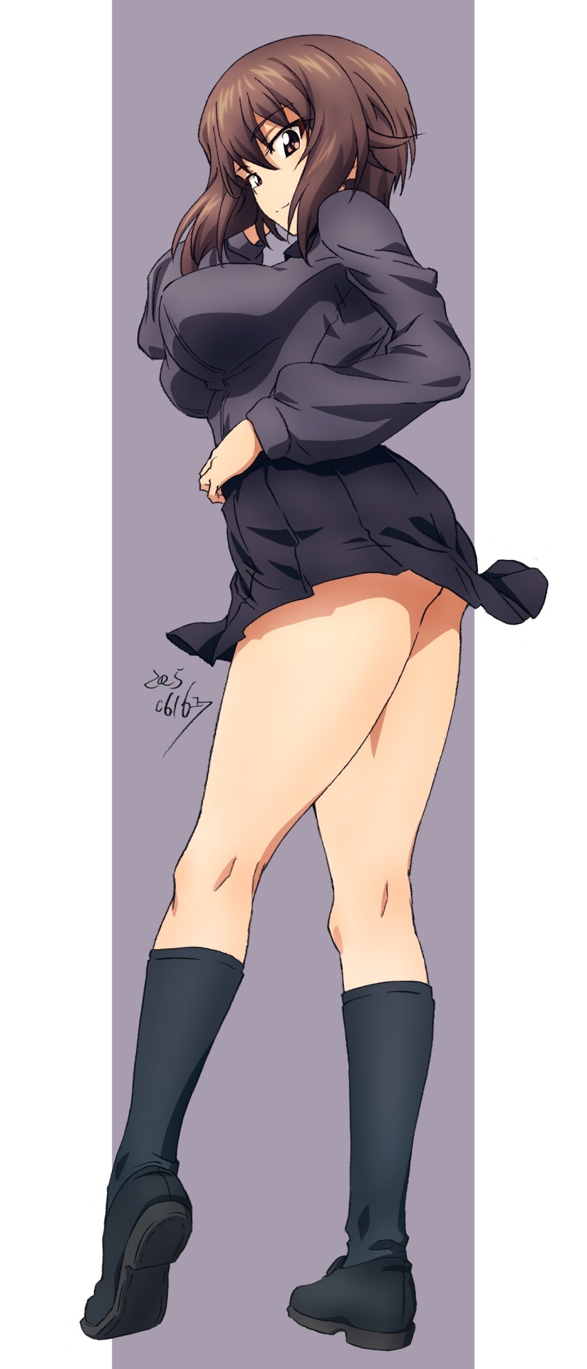 1girl absurdres adjusting_hair black_skirt breasts brown_eyes brown_hair closed_mouth dated dress_shirt erakin full_body girls_und_panzer grey_shirt grey_socks hand_on_own_hip highres kuromorimine_school_uniform large_breasts loafers looking_at_viewer miniskirt nishizumi_maho pleated_skirt school_uniform shirt shoes short_hair simple_background skirt smile socks solo two-tone_background wing_collar