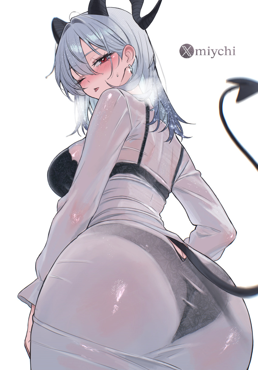 1girl ;p absurdres alternate_costume ass ass_cutout black_bra black_horns black_panties black_tail blush bra bra_visible_through_clothes breasts breath clothing_cutout commentary cowboy_shot curled_horns demon_tail dress earrings english_commentary from_behind grey_hair hair_between_eyes highres horns jewelry large_breasts long_hair long_sleeves looking_at_viewer looking_back median_furrow miychi one_eye_closed panties panties_visible_through_clothes red_eyes see-through_clothes shoulder_blades simple_background solo tail tail_through_clothes taut_clothes taut_dress tongue tongue_out twitter_username underwear wet wet_clothes white_background white_dress wuthering_waves zani_(wuthering_waves)