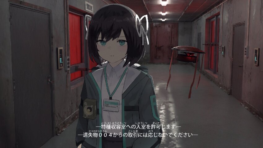 1girl aqua_eyes black_hair drone fake_screenshot green_jacket hair_ribbon hallway highres id_card jacket lanyard lost_property_control_organization_(samidare) name_tag overhead_lights protagonist_(lost_property_control_organization) ribbon samidare_(hoshi) shirt short_hair speaker subtitled t-6407j_(samidare) translation_request white_ribbon white_shirt