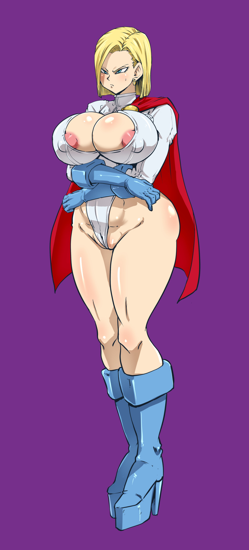 1girl absurdres android_18 blonde_hair blue_eyes breasts cosplay dragon_ball dragon_ball_super female_focus highres nipples power_girl power_girl_(cosplay) pussy rickert_kai
