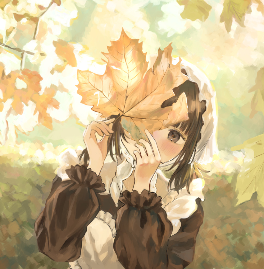 1girl apron autumn_leaves black_dress black_eyes black_hair dress highres leaf maid maple_leaf original sasami_(shiroi_fuwafuwa) solo white_apron