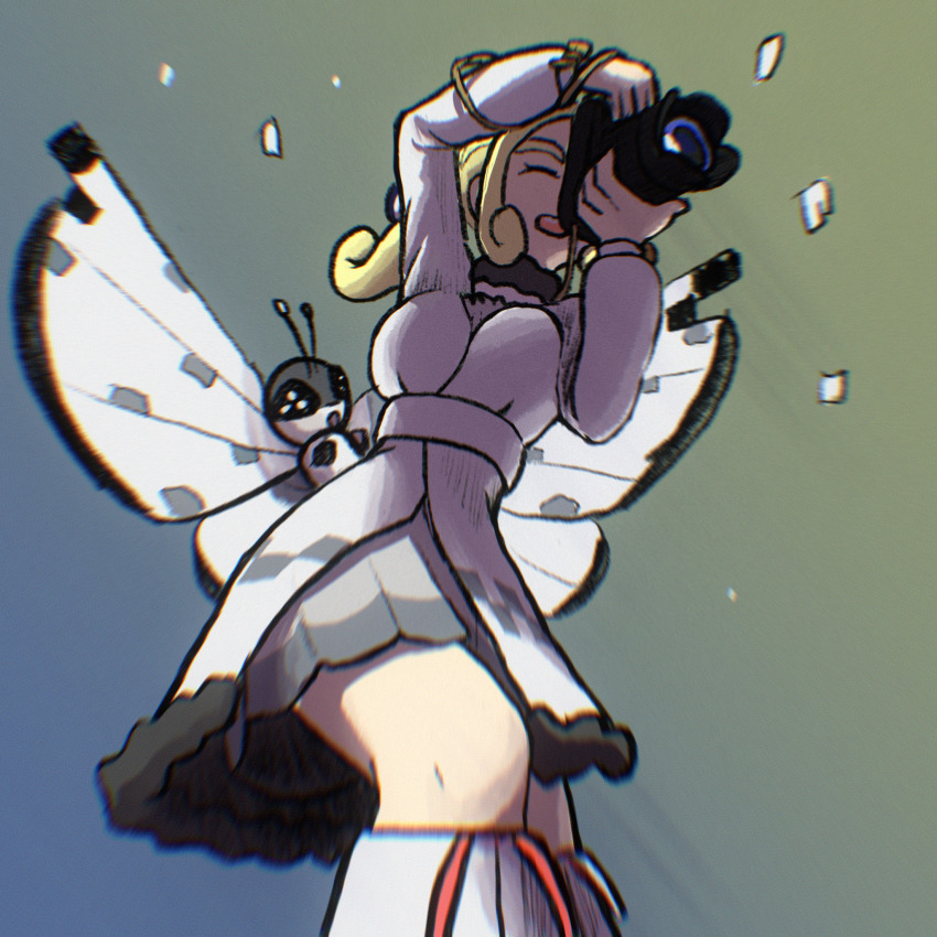 1girl antennae blonde_hair breasts butterfly_wings camera coat from_below game_freak gen_6_pokemon gradient_background green_background grey_background highres holding holding_camera insect_wings kaeru_boiler nintendo official_alternate_costume pokemon pokemon_(creature) pokemon_masters_ex two-tone_background viola_(holiday_2023)_(pokemon) viola_(pokemon) vivillon vivillon_(icy_snow) white_coat wings