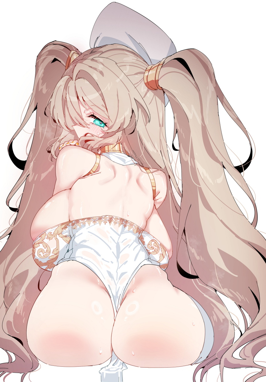 1girl absurdres aqua_eyes armpit_crease ass back backboob bare_shoulders blonde_hair blush breasts commentary covered_mouth english_commentary from_behind hand_on_own_shoulder highres large_breasts leotard long_hair looking_at_viewer looking_back original rayno shoulder_blades simple_background sitting skindentation solo sweat two_side_up very_long_hair white_background white_leotard yellow_nails