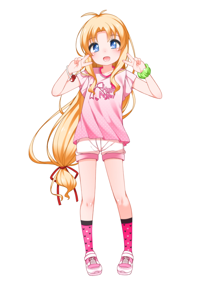 1girl arms_up blonde_hair blue_eyes child double_v female_focus full_body highres kashiwagi_hatsune kizuato long_hair low-tied_long_hair open_mouth pink_shirt pink_shoes polka_dot polka_dot_shirt print_shirt ribbon scrunchie shirt shoes short_shorts shorts shouji_ayumu simple_background smile sneakers socks solo v white_background white_shorts wrist_scrunchie