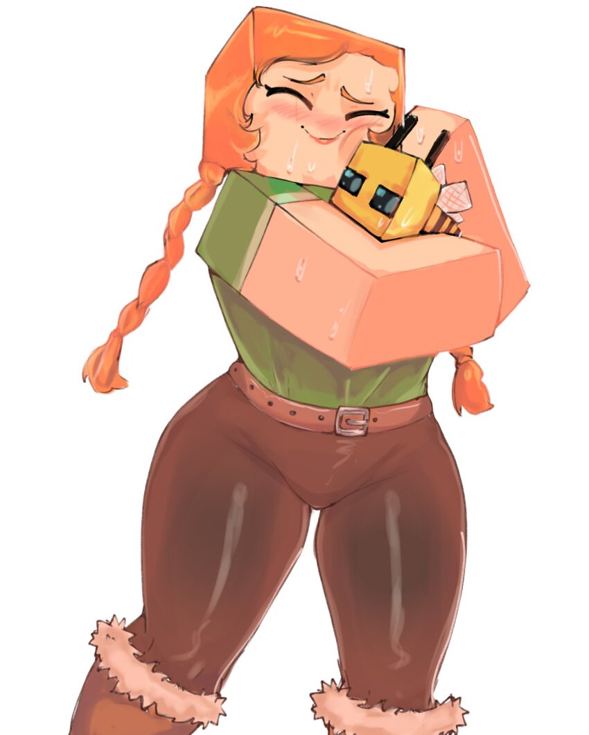 1girl alex_(minecraft) bee bee_(minecraft) belt blush boots braid breasts brown_belt brown_pants bug closed_eyes curvy freckles fur-trimmed_boots fur_trim green_shirt happy highres hug insect kashink7 knee_boots long_hair minecraft orange_hair pants shirt smile solo sweat thick_thighs thighs twin_braids
