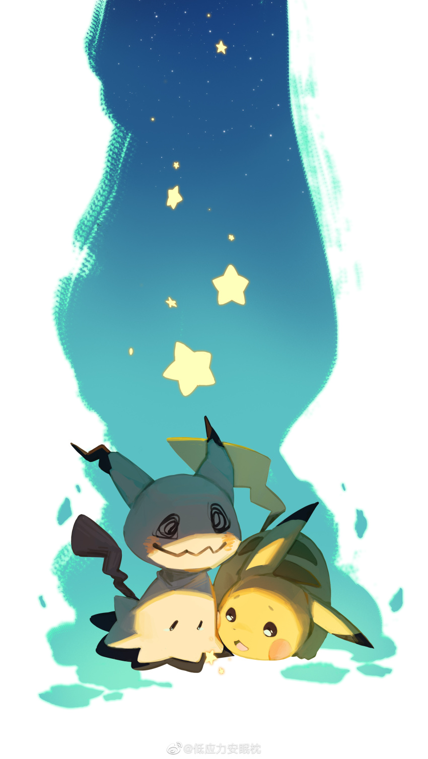absurdres animal_focus chinese_commentary commentary_request creatures_(company) di_yingli_bu_anmian_zhen full_body game_freak gen_1_pokemon gen_7_pokemon highres looking_at_another mimikyu nintendo no_humans open_mouth pikachu pokemon pokemon_(creature) simple_background star_(sky) star_(symbol) white_background