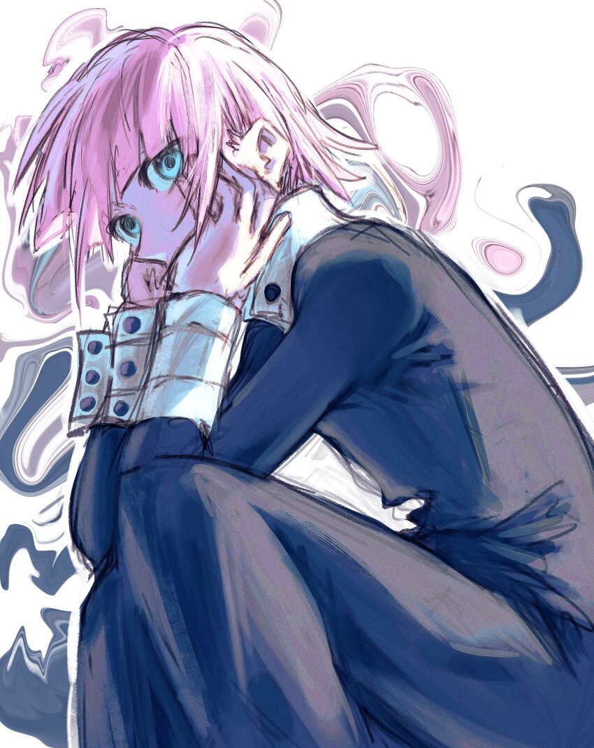 1girl absurdres baku_mbu black_dress blue_eyes blunt_bangs cheek_rest crona_(soul_eater) dress hands_on_own_cheeks hands_on_own_face highres long_sleeves looking_at_viewer medium_hair pink_hair sidelocks sitting solo soul_eater