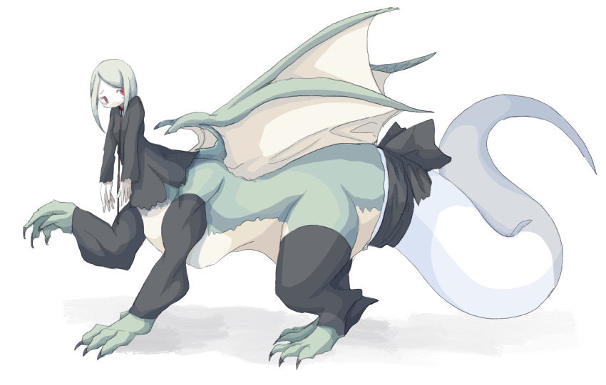 1girl 4138 animal_collar black_bow black_dress bow centauroid claws collar commentary dragon_girl dragon_tail dragon_wings dress from_side full_body green_hair highres long_sleeves looking_to_the_side original parted_bangs red_eyes simple_background solo standing tail tail_bow tail_ornament tail_sock taur white_background wings