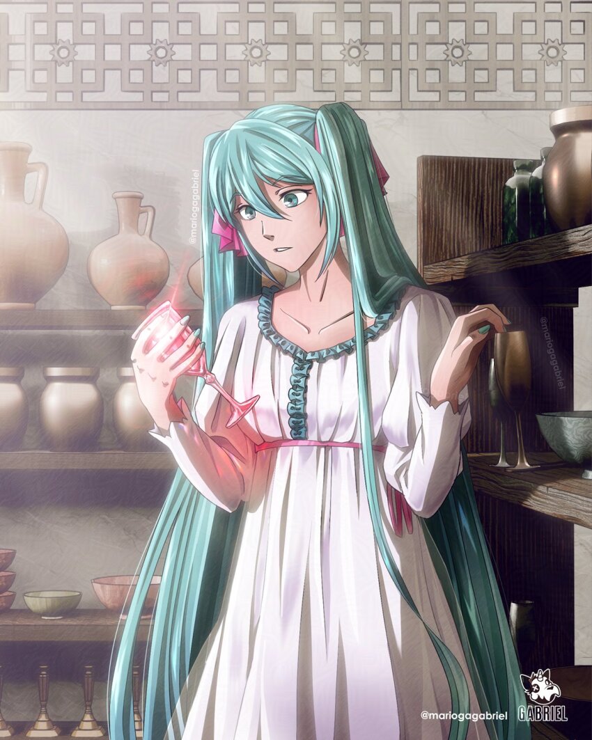 aqua_eyes aqua_hair aqua_nails artist_logo bottle bowl candlestand collarbone cup dress dress_ribbon eve_moonlit evillious_nendaiki eyelashes frilled_dress frills genzai_monogatari glass_of_conchita hair_between_eyes hair_ribbon hatsune_miku highres holding holding_cup jar juliet_sleeves light_rays logo long_hair long_sleeves looking_at_object mario_gagabriel parted_lips pink_ribbon plate puffy_sleeves ribbon shelf shopping twitter_username very_long_hair vessel_of_sin vocaloid white_dress