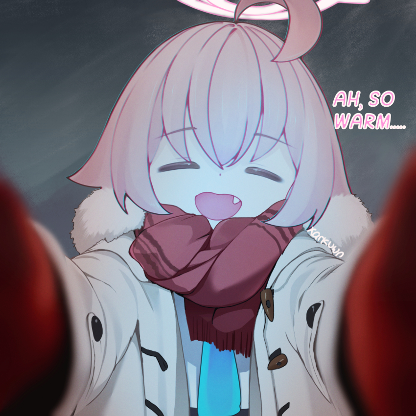 1girl =_= absurdres ahoge alternate_costume blue_archive blue_necktie buttons closed_mouth coat dot_nose english_text fang fur-trimmed_coat fur_trim gloves grey_background halo highres hoshino_(blue_archive) huge_ahoge long_hair long_sleeves necktie open_clothes open_coat open_mouth outstretched_arms pink_hair pink_halo pov red_gloves red_scarf scar scarf sidelocks white_coat winter_clothes xarkuwn