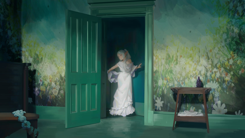 1girl absurdres chinese_commentary commentary_request door dress elf flower frieren green_theme highres indoors long_dress making-of_available movie_reference mural off_shoulder open_door pointy_ears shawl solo sousou_no_frieren standing table the_secret_garden_(2020_movie) twintails watermark weibo_watermark white_dress white_hair wide_shot yao_liao_wang