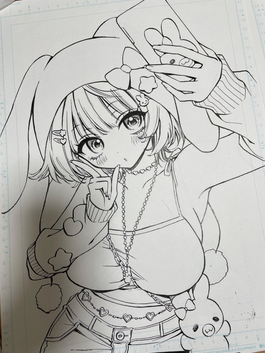 1girl :o akiyama_enma armpits between_breasts blush breasts camisole collarbone commentary_request greyscale hat highres large_breasts lineart manuscript_paper midriff monochrome nib_pen_(medium) noa-senpai_wa_tomodachi. parted_lips pen_(medium) photo_(medium) saotome_noa selfie short_hair simple_background solo strap_between_breasts traditional_media unfinished upper_body white_background