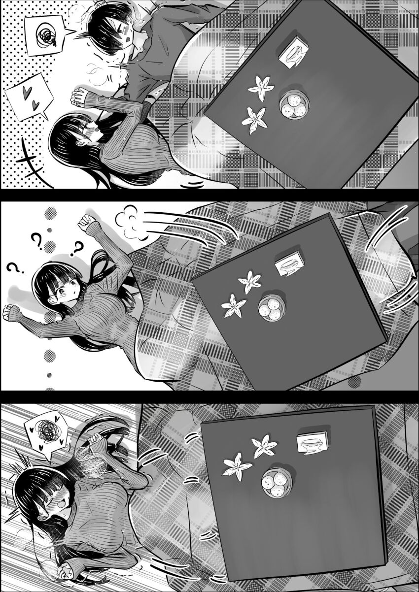 1boy 1girl 3koma ? boku_no_kokoro_no_yabai_yatsu comic couple from_above heart hetero highres ichikawa_kyoutarou implied_cunnilingus kotatsu lying m2bou monochrome screentones sleeves_past_wrists squiggle sweater table tissue_box yamada_anna