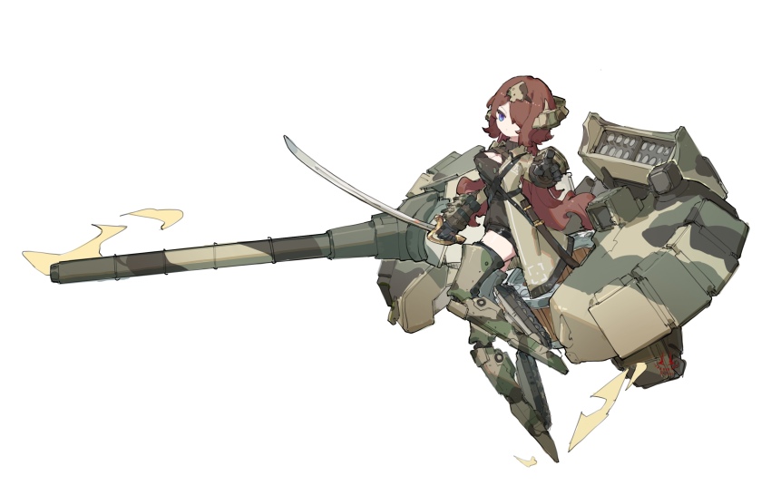 absurdres brown_hair cannon frider gauntlets hair_over_one_eye highres mecha_musume object_292 original personification pointing pointing_at_viewer saber_(weapon) sheath sword tachi-e tank_turret war_thunder weapon