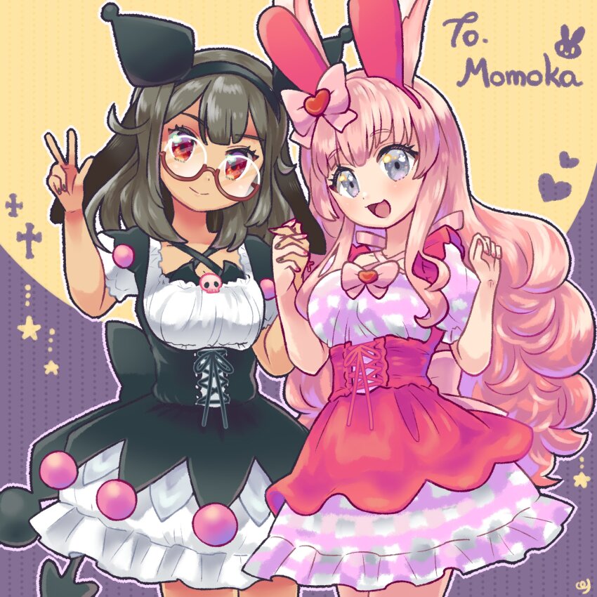 2girls animal_ears black_corset black_hair black_hairband black_skirt black_straps bobbles bow bowtie breasts cheshii closed_mouth commentary commission commissioner_name corset cosplay cowboy_shot criss-cross_straps cross crucifix dot_nose double-parted_bangs dress english_commentary english_text frilled_skirt frills glasses grey_eyes grid_print hair_bow hair_ornament hairband hand_up heart heart_hair_ornament heart_ornament highres holding_hands indie_virtual_youtuber interlocked_fingers kuromi kuromi_(cosplay) large_breasts layered_skirt looking_at_viewer magical_momoka medium_hair multiple_girls my_melody my_melody_(cosplay) onegai_my_melody open_mouth orange_background pink_bow pink_bowtie pink_dress pink_hair pmx puffy_short_sleeves puffy_sleeves purple_background rabbit_ears rabbit_girl rabbit_in_eyes rabbit_symbol red_corset red_eyes red_skirt sanrio second-party_source shirt short_sleeves skirt skull_ornament smile split_mouth star_(symbol) two-tone_background v virtual_youtuber white_dress white_shirt white_skirt