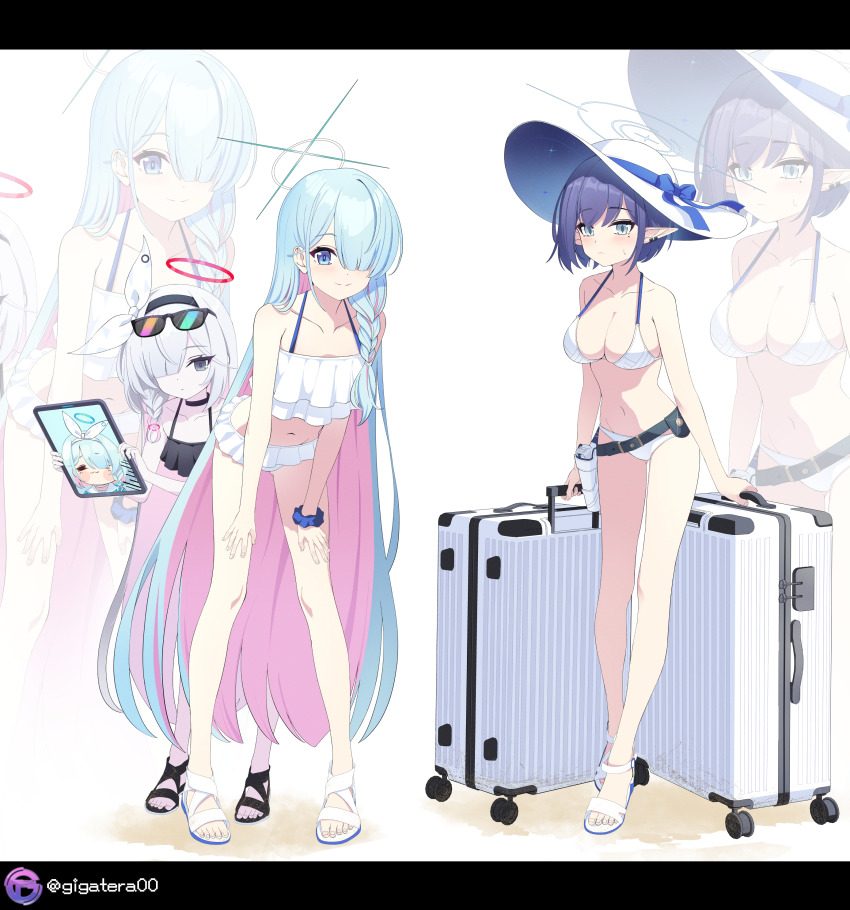 4girls :3 absurdres alternate_costume aoi_(blue_archive) arona_(blue_archive) bent_over bikini black_bikini black_hairband blue_archive blue_eyes blue_hair blue_ribbon blue_scrunchie blue_shirt blush braid closed_eyes closed_mouth colored_inner_hair expressionless eyewear_on_head general_student_council_president_(blue_archive) giga-tera grey_eyes grey_hair hair_over_one_eye hairband hat hat_ribbon highres holding holding_suitcase long_hair multicolored_hair multiple_girls pink_hair plana_(blue_archive) pointy_ears ribbon sailor_collar sandals scrunchie shirt sidelocks single_braid smile suitcase sunglasses swimsuit two-tone_hair white_bikini white_hairband white_hat white_sailor_collar white_sandals wrist_scrunchie zoom_layer
