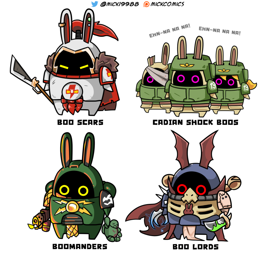 6+others adeptus_astartes animal_ears astra_militarum bandage_over_one_eye bangboo_(zenless_zone_zero) cape chaos_space_marine character_doll clawed_gauntlets crossover doll english_text flamer flamethrower fur_trim highres holding holding_flamethrower holding_knife holding_polearm holding_weapon knife mick19988 multiple_others night_lords no_humans notched_ear polearm rabbit_ears red_cape salamanders_(warhammer) spear warhammer_40k weapon white_scars zenless_zone_zero