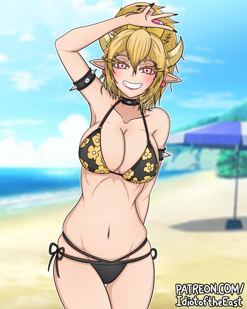 1girl absurdres arm_behind_back armlet beach_umbrella bikini black_bikini black_nails blurry blurry_background bowsette breasts cleavage collar commentary cosplay english_commentary female_focus fingernails floral_print grin highres horns idiot_of_the_east jewelry kitagawa_marin kitagawa_marin_(cosplay) large_breasts looking_at_viewer mario_(series) multi-strapped_bikini_bottom navel new_super_mario_bros._u_deluxe nintendo patreon_username pink_eyes pointy_ears ponytail sharp_fingernails side-tie_bikini_bottom skindentation smile solo sono_bisque_doll_wa_koi_wo_suru spiked_armlet spiked_collar spikes standing super_crown swimsuit umbrella v watermark web_address
