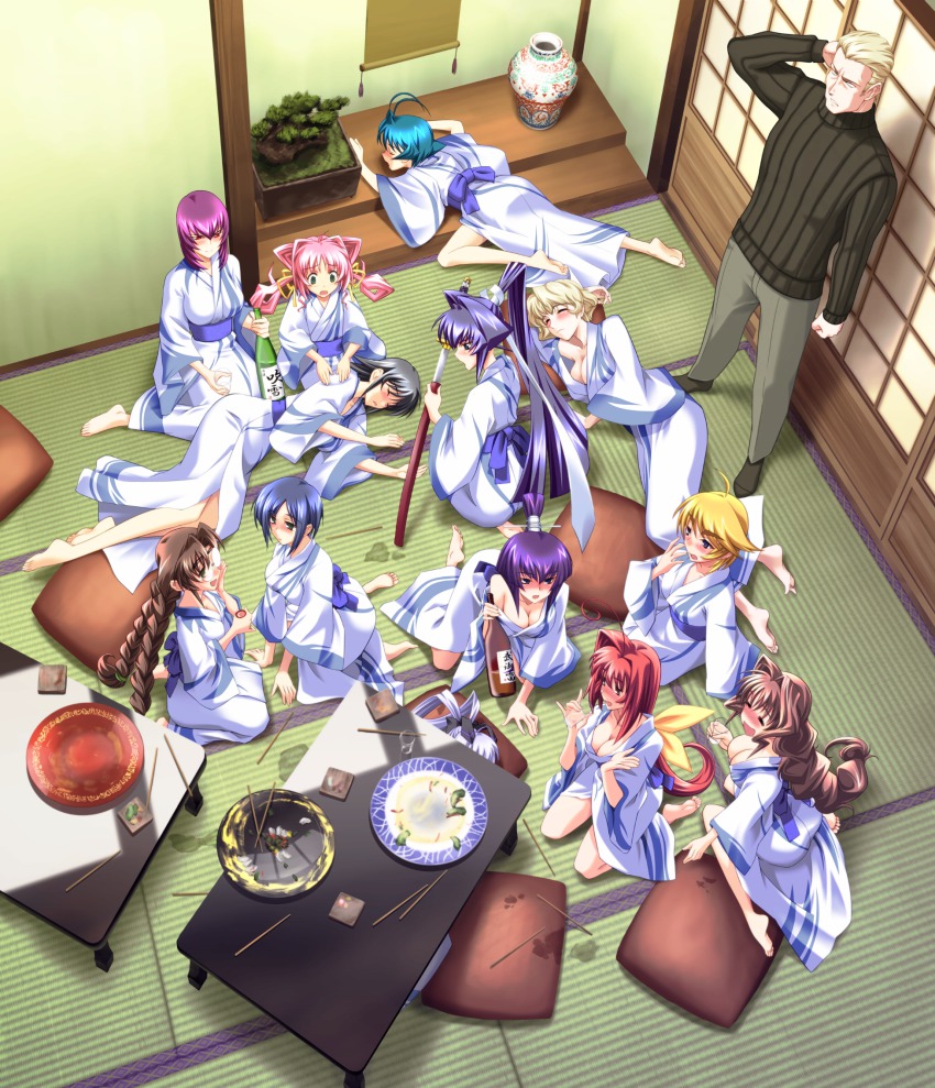 1boy 6+girls :d =_= ahoge alcohol alfred_walken antenna_hair ayamine_kei barefoot blush bonsai bottle bou_(inubou) braid breasts chopsticks cleavage closed_eyes cup drunk elena_piatif everyone feet from_above game_cg glass glasses hanging_scroll highres irma_thesleff japanese_clothes jinguuji_marimo kagami_sumika kashiwagi_haruko katana kimono koubuin_yuuhi kouzuki_yuuko large_breasts long_hair lying medium_breasts mitsurugi_meiya multiple_girls muv-luv muv-luv_altered_fable off_shoulder on_side open_mouth party pillow plate ponytail sakaki_chizuru sakazuki sake sake_bottle scroll short_hair siblings sisters sitting sleeping smile soles sword table tamase_miki tatami tokonoma twin_braids twins under_table vase wariza weapon yashiro_kasumi yoroi_mikoto yukata