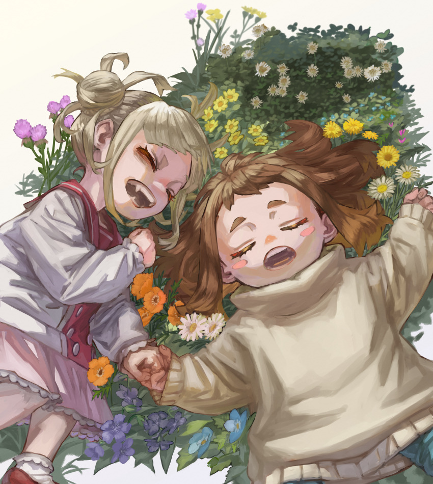 2girls absurdres aged_down blonde_hair blunt_bangs boku_no_hero_academia brown_hair child closed_eyes double_bun fangs flower hair_bun highres messy_hair multiple_girls open_mouth sidelocks skirt sweater toga_himiko uraraka_ochako yomoyama_yotabanashi