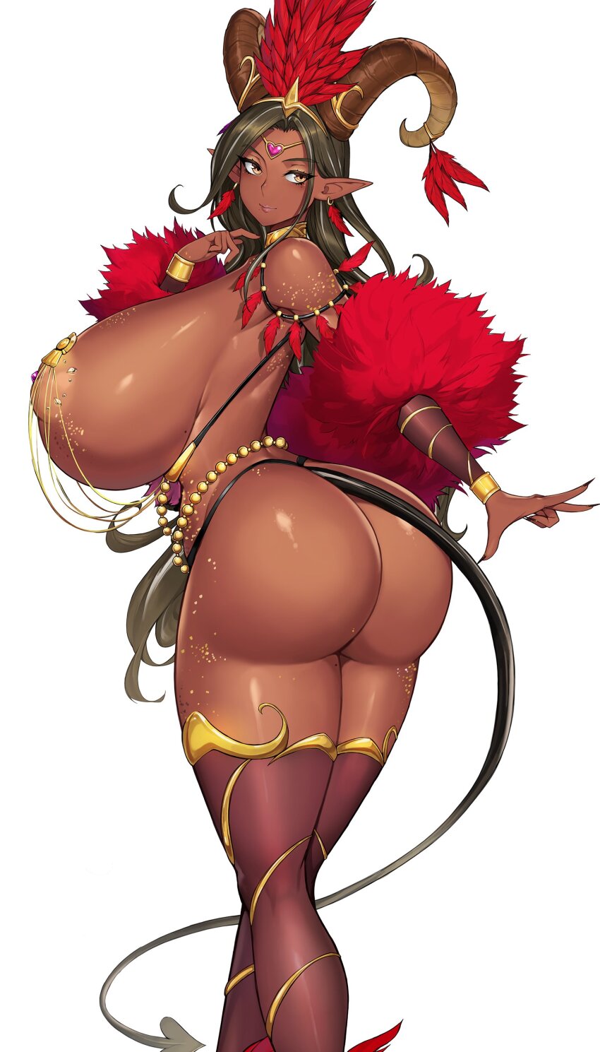 1girl absurdres areola_slip ass black_hair breasts brown_thighhighs commentary commission curvy demon_horns demon_tail earrings english_commentary feather_earrings feathers feet_out_of_frame forehead_jewel from_behind gigantic_breasts gold gurimjang heart-shaped_gem highres horns jewelry long_hair original pointy_ears red_feathers revealing_clothes solo tail thighhighs very_long_hair yellow_eyes