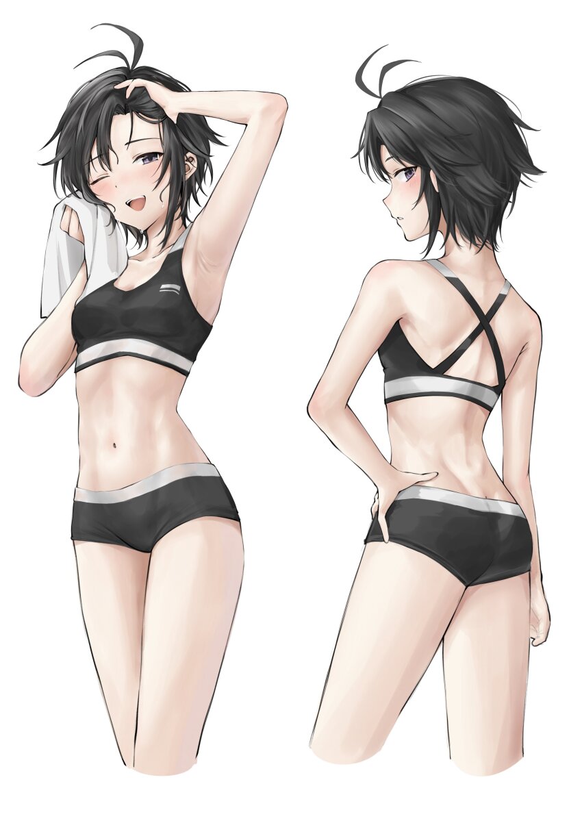 1girl absurdres aburi-gatana adjusting_hair antenna_hair arm_up armpits back black_eyes black_hair black_shorts black_sports_bra blush breasts collarbone cropped_legs hand_on_own_hip highres holding holding_towel idolmaster idolmaster_(classic) kikuchi_makoto looking_at_viewer looking_back medium_breasts midriff multiple_views navel one_eye_closed open_mouth short_shorts shorts simple_background smile sports_bra teeth towel upper_teeth_only white_background wiping_face