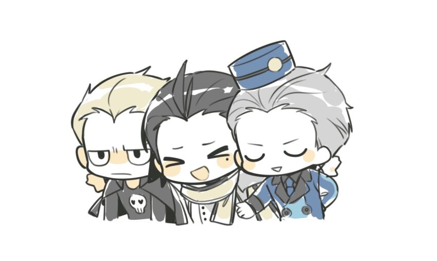 &gt;_&lt; 3boys :| arm_around_shoulder bellhop_uniform black_hair black_shirt blonde_hair blue_coat blue_hat blush buttons closed_eyes closed_mouth coat collared_shirt cropped_torso grey_hair hair_slicked_back hand_on_own_hip hat jacket jacket_on_shoulders jitome lapels mmielka mochizuki_ryouji mole mole_under_eye multiple_boys open_mouth outstretched_arm persona persona_3 persona_3_portable persona_4 pillbox_hat scarf shirt side-by-side simple_background skull_print tatsumi_kanji theodore_(persona) triangle_mouth white_background white_shirt wing_collar yellow_scarf