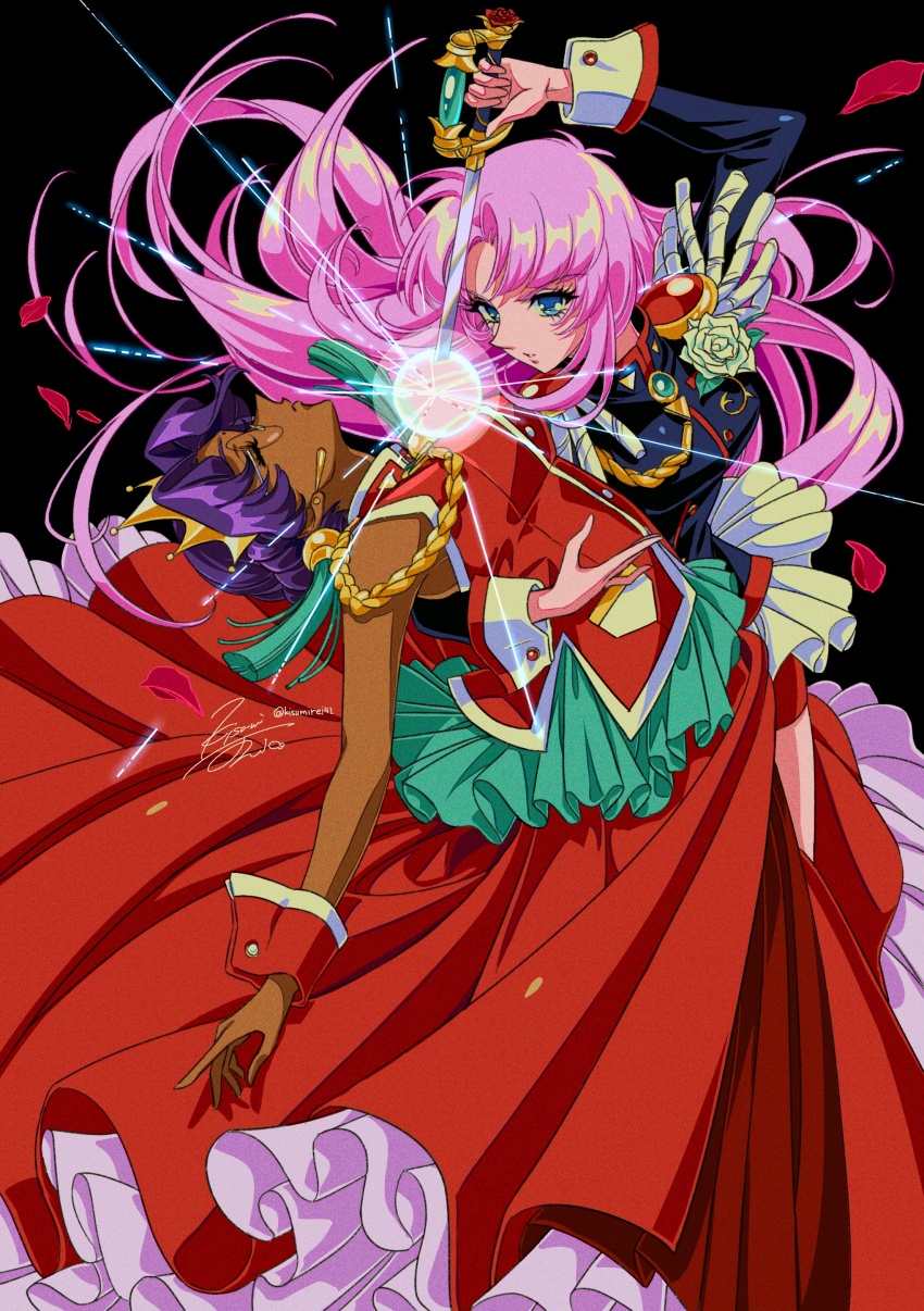1990s_(style) 2girls absurdres aiguillette black_background black_jacket blue_eyes commentary dark-skinned_female dark_skin drawing_sword dress earrings epaulettes eyelashes film_grain flower glowing highres himemiya_anthy holding holding_sword holding_weapon human_scabbard jacket jewelry kisumi_rei long_dress long_hair long_sleeves multiple_girls ootori_gakuen_school_uniform parted_lips pink_hair purple_hair rapier red_dress retro_artstyle rose round_eyewear school_uniform sekai_wo_kakumei_suru_chikara_wo short_hair shoujo_kakumei_utena signature simple_background single_earring sleeveless sleeveless_dress sword sword_of_dios tenjou_utena tiara twitter_username weapon white_flower white_rose wrist_cuffs