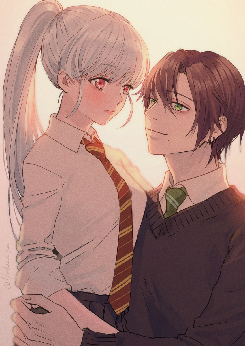 1boy 1girl black_skirt black_sweater_vest brown_hair closed_mouth collared_shirt commission green_eyes grey_hair hetero highres kurosujuu long_sleeves mole mole_under_mouth necktie original ponytail red_eyes shirt sitting sitting_on_lap sitting_on_person skeb_commission skirt striped_necktie sweater_vest white_background white_shirt