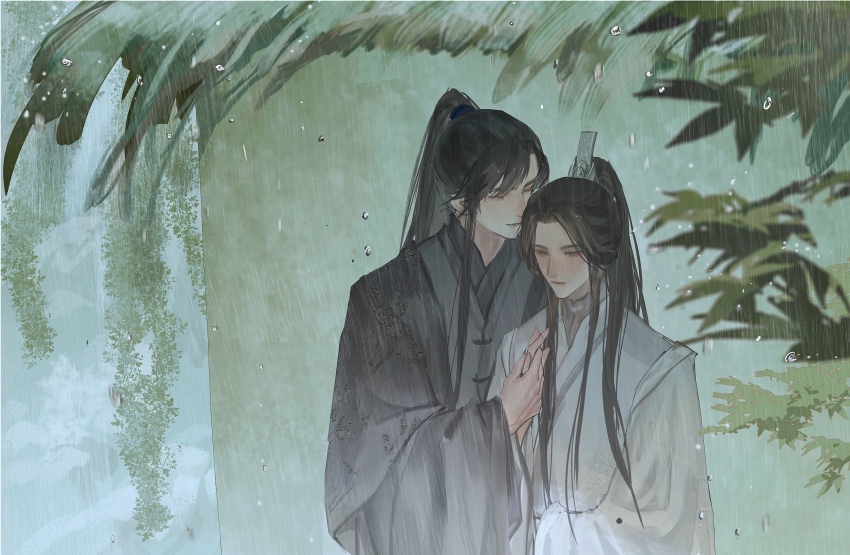 2boys absurdres black_hair black_hanfu chinese_clothes chinese_commentary chu_wanning closed_eyes closed_mouth erha_he_tadebai_mao_shizun foliage half_updo hanfu high_ponytail highres holding_hands long_hair long_sleeves looking_down male_focus mo_ran multiple_boys outdoors plant ponytail rain smile tianhongqwq upper_body white_hanfu wide_sleeves xiao_guan_(headdress) yaoi