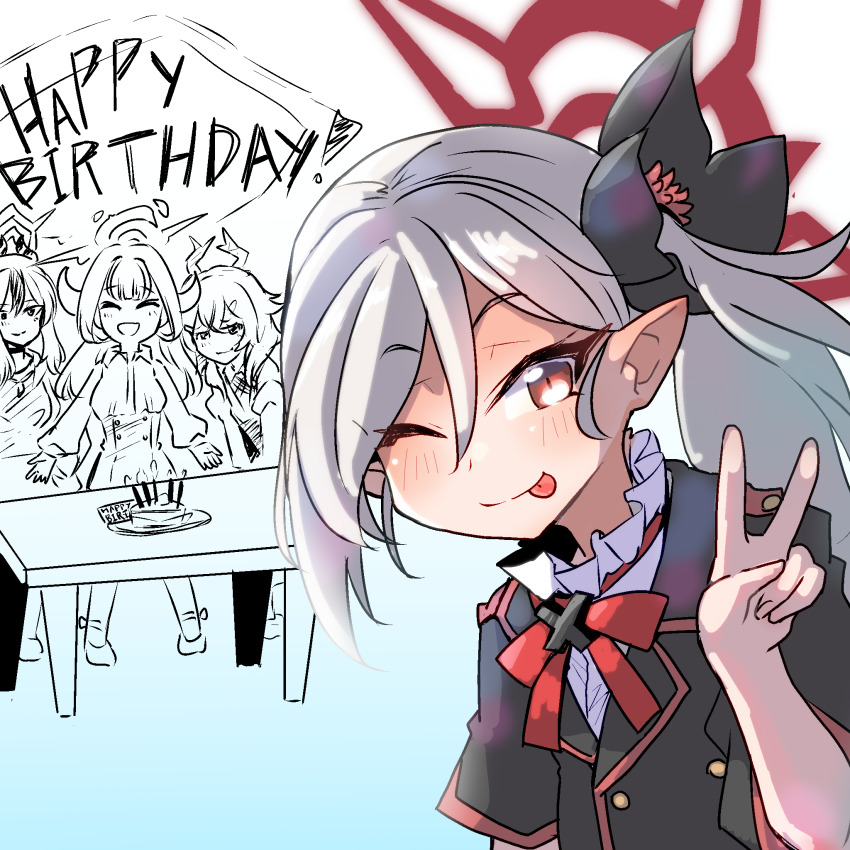 4girls aru_(blue_archive) blue_archive cake desk english_text food haruka_(blue_archive) highres kayoko_(blue_archive) mengnaidu multiple_girls mutsuki_(blue_archive) one_eye_closed pointy_ears school_uniform v