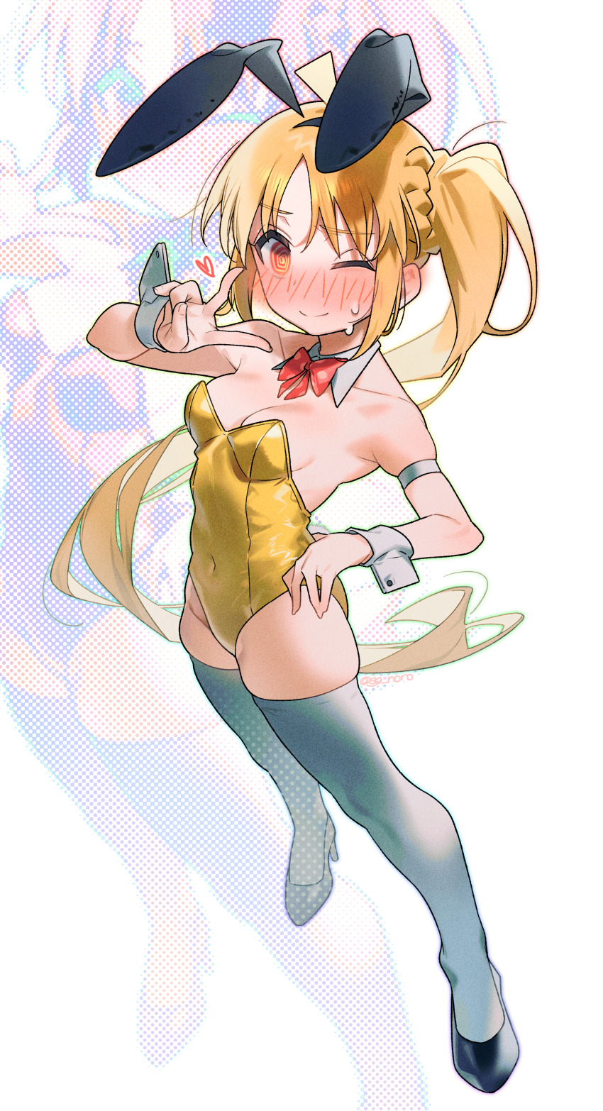 1girl @_@ absurdres animal_ears blonde_hair blush bocchi_the_rock! bow bowtie breasts covered_navel detached_collar embarrassed fake_animal_ears high_heels highres ijichi_nijika leotard long_hair one_eye_closed orange_eyes playboy_bunny rabbit_ears red_bow red_bowtie side_ponytail simple_background skindentation small_breasts smile sofa_(enogunomu) solo sweat sweatdrop thighhighs v very_long_hair white_background white_thighhighs wrist_cuffs yellow_leotard