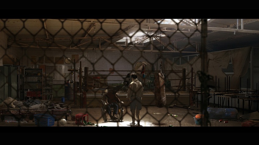 2boys analog_clock black_border black_hair black_jacket blue_pants border bucket chain-link_fence chair clock covered_face day face-to-face fence from_behind full_body grey_hoodie grey_shorts hood hood_down hoodie indoors jacket letterboxed long_sleeves male_focus multiple_boys on_chair original pants puffy_long_sleeves puffy_sleeves punching_bag realistic shoes short_hair shorts sitting sneakers standing sunlight wangzy wheelchair white_shoes wide_shot