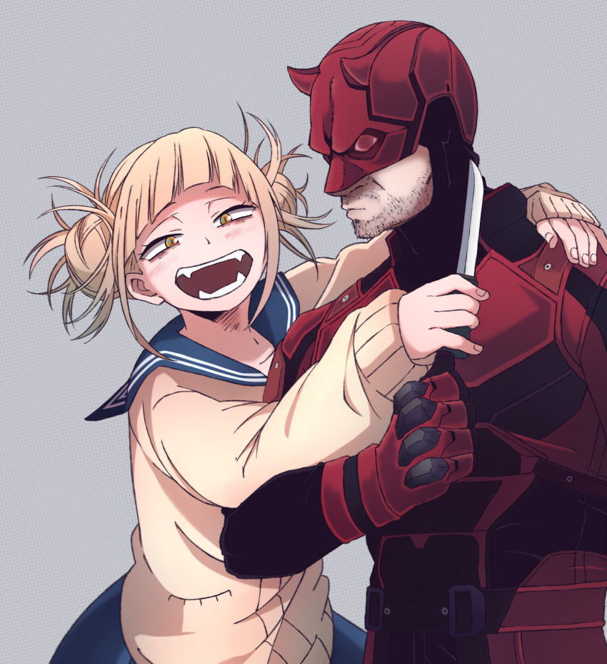 1boy 1girl :d beard blonde_hair blue_sailor_collar blue_skirt blunt_bangs bodysuit boku_no_hero_academia commentary crossover daredevil daredevil_(netflix) double_bun english_commentary eye_mask facial_hair fangs gloves grey_background hair_bun highres holding holding_knife horns knife kukie-nyan long_sleeves marvel marvel_cinematic_universe open_mouth red_gloves sailor_collar school_uniform serafuku skirt slit_pupils smile stubble superhero_costume sweater toga_himiko yellow_eyes yellow_sweater