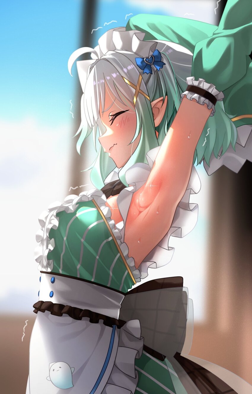 1girl apron armpits arms_up bare_shoulders blurry blurry_background blush bow breasts closed_eyes detached_collar detached_sleeves dress earrings frilled_apron frilled_sleeves frills ghostenjoyerguy7007 gradient_hair green_hair green_sleeves hair_between_eyes hair_ornament highres indie_virtual_youtuber jewelry maid maid_headdress medium_breasts mint_fantome mint_fantome_(minto_2.0) multicolored_hair pointy_ears ribbon short_hair solo sweat trembling triangular_headpiece upper_body virtual_youtuber white_apron white_hair x_hair_ornament