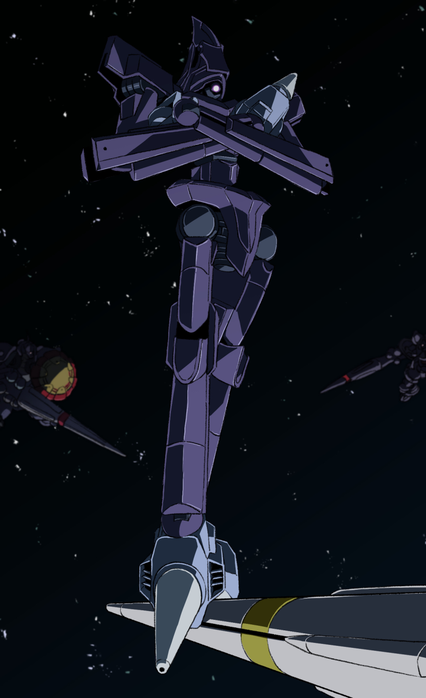 after_war_gundam_x commentary_request crossed_arms glowing glowing_eye gundam gundam_gquuuuuux gyan_(gquuuuuux) highres holding holding_polearm holding_weapon kikeroga_(gquuuuuux) lance mecha mecha_focus mono-eye nanaku_teiru no_humans parody pink_eyes polearm robot science_fiction shield space standing_on_weapon star_(sky) weapon