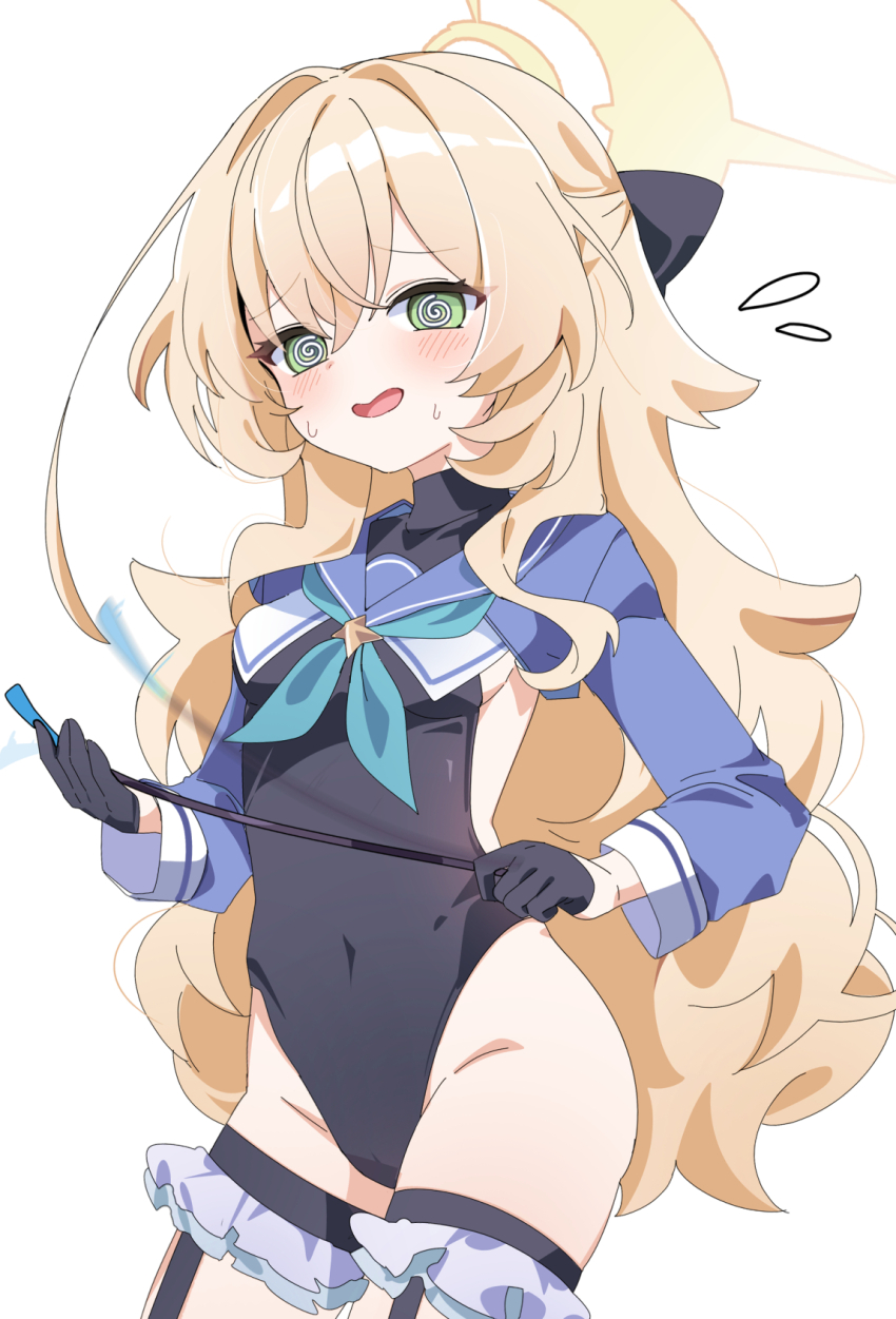 1girl @_@ alternate_costume bare_hips black_bow black_gloves blonde_hair blue_archive blue_neckerchief blue_sailor_collar blue_shrug blush bow breasts cameltoe chaum collarbone cosplay covered_navel embarrassed flying_sweatdrops frilled_thigh_strap furrowed_brow gloves green_eyes hair_between_eyes half_gloves halo hands_up highleg highleg_leotard highres holding leotard loli long_hair long_sleeves neckerchief nervous_sweating open_mouth professor_niyaniya_(blue_archive) riding_crop sailor_collar shimiko_(blue_archive) shimiko_(magical)_(blue_archive) shrug_(clothing) sideboob simple_background small_breasts solo standing sweat sweatdrop thigh_strap thighhighs thighs very_long_hair wavy_hair white_background yellow_halo zettai_ryouiki