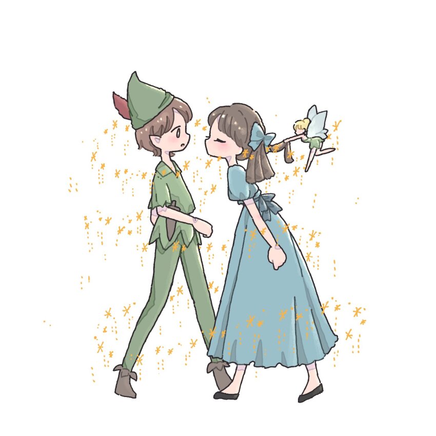 1boy 1girl bad_link bow brown_hair carrying crescent dress green_tunic grey_dress hair_bow highres injury looking_at_another medium_hair parted_lips peter_pan_(character) pointy_ears pointy_hat puffy_short_sleeves puffy_sleeves ringlets sepia ship short_hair short_sleeves smile staring tinker_bell_(character) tinker_bell_(disney) torn_clothes torn_sleeves tunic twitter_username walt_disney&#039;s_peter_pan watercraft wendy_darling