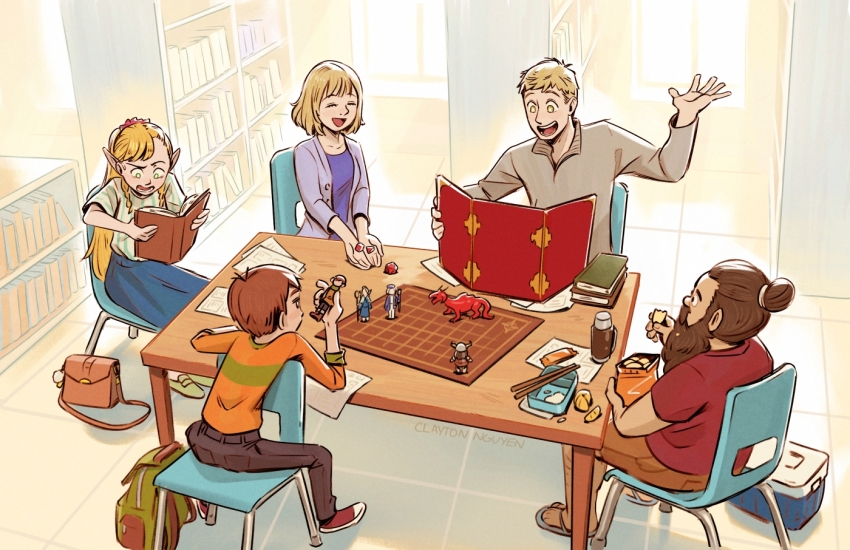 2girls 3boys alternate_universe backpack bag bag_of_chips bento black_hair blonde_hair casual chair character_doll chilchuck_tims chopsticks claytondraws cooler dice dungeon_meshi eating fake_pointy_ears falin_touden falin_touden_(tallman) hair_bun handbag humanization laios_touden library marcille_donato multiple_boys multiple_girls open_mouth pointy_ears polyhedral_dice senshi_(dungeon_meshi) sitting smile table tabletop_game tabletop_rpg thermos