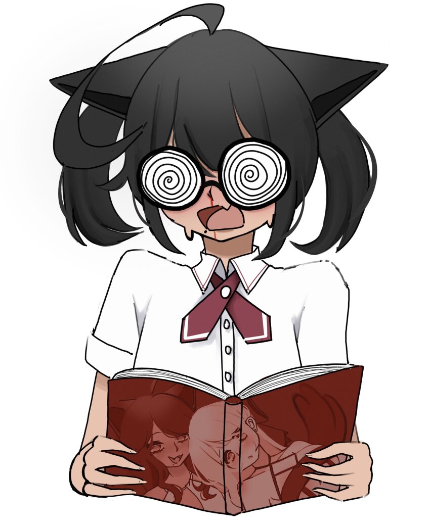 ahoge animal_ears birthmark black_cat black_hair blood bow cat cat_ears cat_girl coke-bottle_glasses dark_skin fang glasses highres huge_ahoge indie_virtual_youtuber nek0roe nek0roe_(artist) nosebleed reading school_uniform skin_fang tail virtual_youtuber yuri