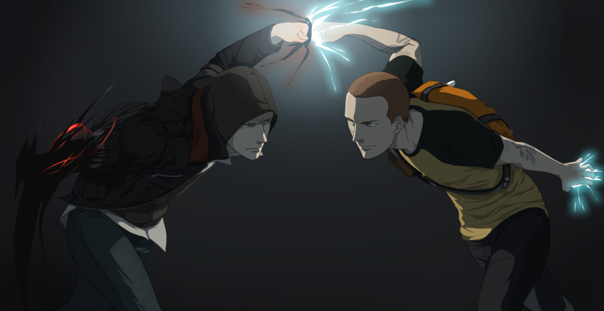 2boys alex_mercer arm_tattoo backpack bag blade blue_eyes brown_hair cole_macgrath cole_mcgrath crossover death_battle electricity fist_bump frown gb_(doubleleaf) grey_background grey_eyes hood hooded_jacket hoodie infamous jacket multiple_boys mutant open_clothes open_jacket pants prototype_(game) raglan_sleeves randoseru serious shirt short_hair simple_background smile tattoo