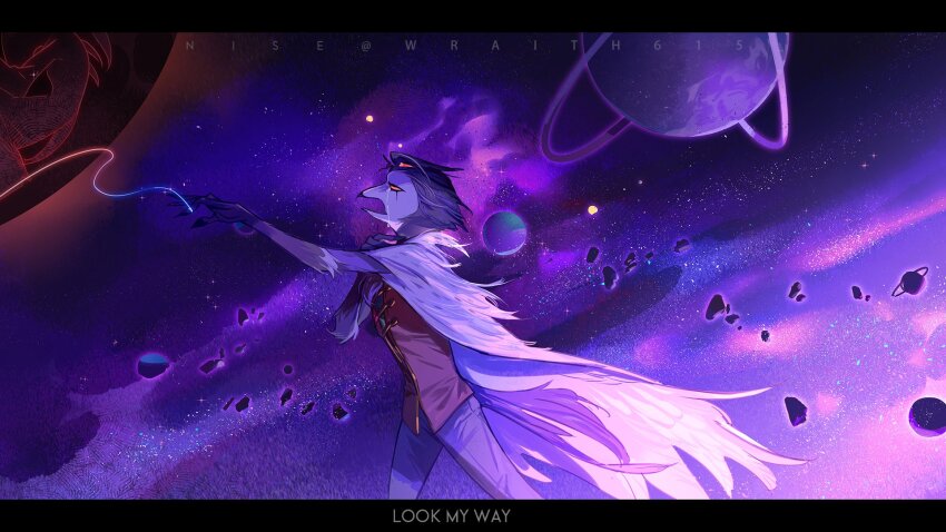 1boy beak bird_boy demon_boy demon_horns extra_eyes grey_hair helluva_boss highres horns male_focus multiple_boys owl_boy planet red_eyes space stolas_(helluva_boss) wraith615