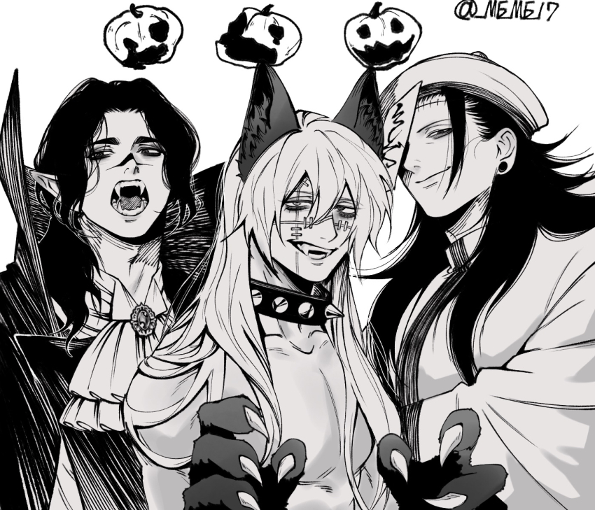 3boys animal_ears ascot black_hair brooch choso_(jujutsu_kaisen) claws closed_mouth collar collarbone facial_mark fangs getou_suguru getou_suguru_(kenjaku) grin halloween halloween_costume high_collar highres jack-o&#039;-lantern jewelry jiangshi_costume jujutsu_kaisen long_hair mahito_(jujutsu_kaisen) male_focus medium_hair meme17 messy_hair multiple_boys open_mouth pectorals red_ascot simple_background smile spiked_collar spikes stitched_face stitches vampire_costume werewolf_costume white_background white_hair wolf_ears wolf_paws