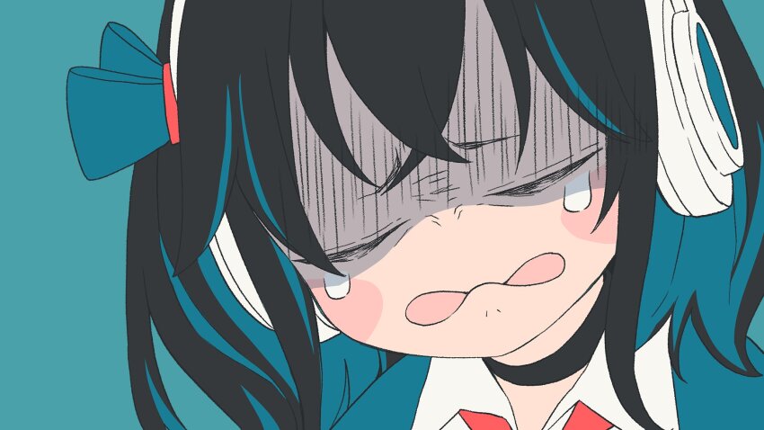 1girl biting_own_lip black_choker black_hair blue_background blue_hair blue_ribbon blue_sweater blush_stickers choker closed_eyes collared_shirt colored_inner_hair commentary_request crossed_bangs facing_viewer furrowed_brow gloom_(expression) gyari_(imagesdawn) hair_ribbon headphones highres medium_hair miyamai_moca multicolored_hair official_art portrait ribbon school_uniform shaded_face shinchoku_dame_dame_desu_(synthesizer_v) shirt solo sweater synthesizer_v tearing_up tears two-tone_hair video_thumbnail voicepeak white_shirt