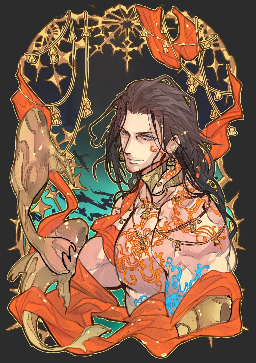 1boy absurdres ancient_greek_clothes aqua_background arm_tattoo armlet beard_stubble black_background black_border black_hair blue_eyes border chest_tattoo commentary earrings english_commentary facial_hair fish gradient_background greco-roman_clothes hair_slicked_back highres himation holostars holostars_english jewelry josuiji_shinri koi long_hair looking_at_viewer male_focus muscular muscular_male neck_ring orenjimaru ornate_border parted_lips pectorals sideways_glance smile solo stubble tattoo upper_body virtual_youtuber