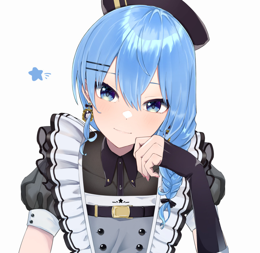 1girl black_gloves blue_eyes blue_hair braid earrings frills gloves hat highres hololive hoshimachi_suisei hoshimachi_suisei_(maid) jewelry kasoku_souchi looking_at_viewer official_alternate_costume simple_background smile solo virtual_youtuber white_background