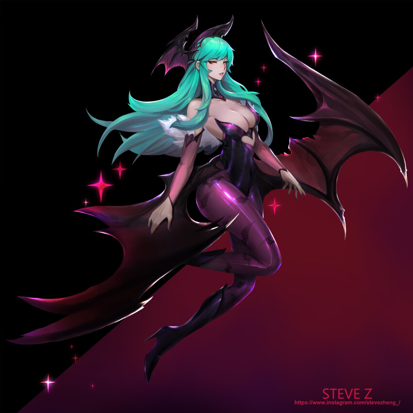 1girl absurdres adapted_costume animal_print aqua_hair artist_name bat_print black_background boots breasts darkstalkers demon_girl detached_sleeves floating_hair full_body head_wings highres large_breasts long_hair morrigan_aensland red_background steve_zheng two-tone_background wings yellow_eyes