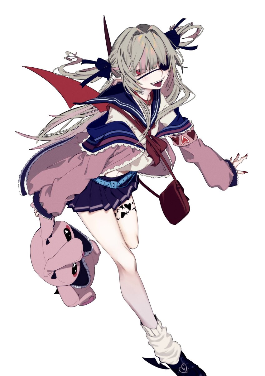 1girl absurdres armband bag black_shoes blue_sailor_collar blue_skirt brown_hair colored_inner_hair demon_wings eyepatch hair_intakes hair_ribbon heart heart_print highres holding holding_stuffed_toy jacket leg_tattoo leg_warmers long_hair makaino_ririmu makaino_ririmu_(4th_costume) miniskirt multicolored_hair neckerchief nijisanji open_mouth pink_armband pink_hair pink_jacket pleated_skirt red_eyes red_neckerchief ribbon sailor_collar school_uniform serafuku shirt shoes shoulder_bag simple_background skirt smile solo streaked_hair stuffed_animal stuffed_rabbit stuffed_toy tattoo two-tone_hair two_side_up umashio_potechi-san virtual_youtuber white_background white_shirt winged_heart_tattoo wings