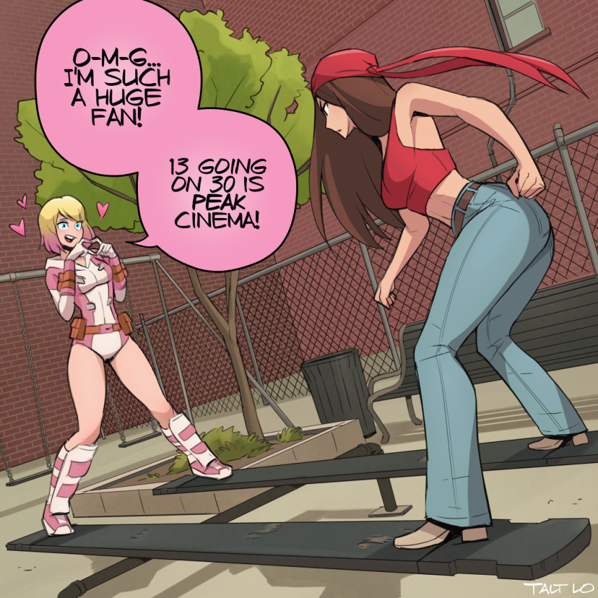 2girls ass bandana bench blonde_hair blue_pants boots breasts brown_hair commentary crop_top denim elektra elektra_natchios fence gradient_hair gwenpool heart heart_hands hood hood_down jeans leotard marvel midriff multicolored_hair multiple_girls navel open_mouth pants parody pink_hair red_bandana red_tank_top seesaw smile superhero_costume talt_lo tank_top tree